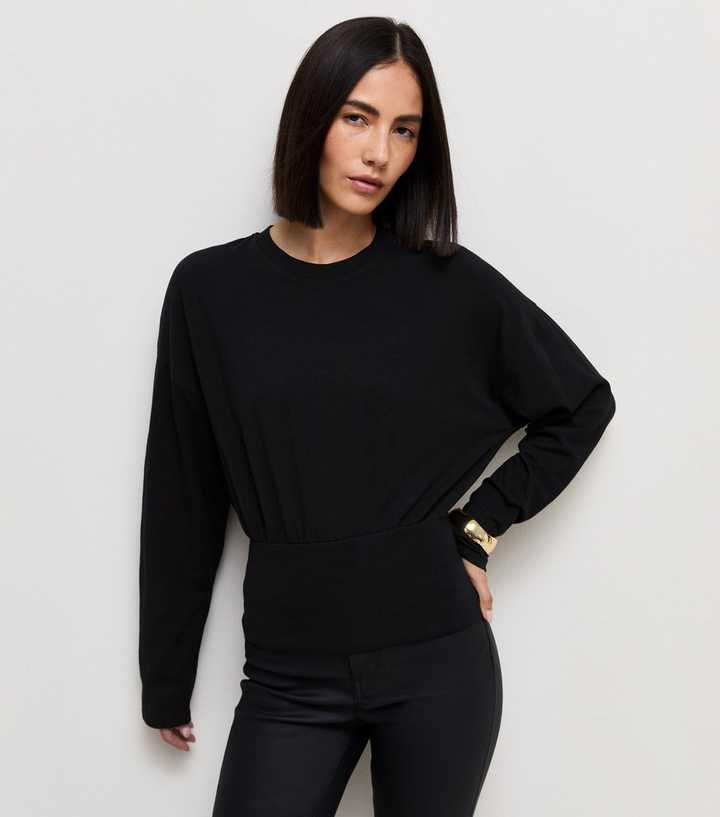 Black Cotton Rich Long Sleeve Wide Waistband Top