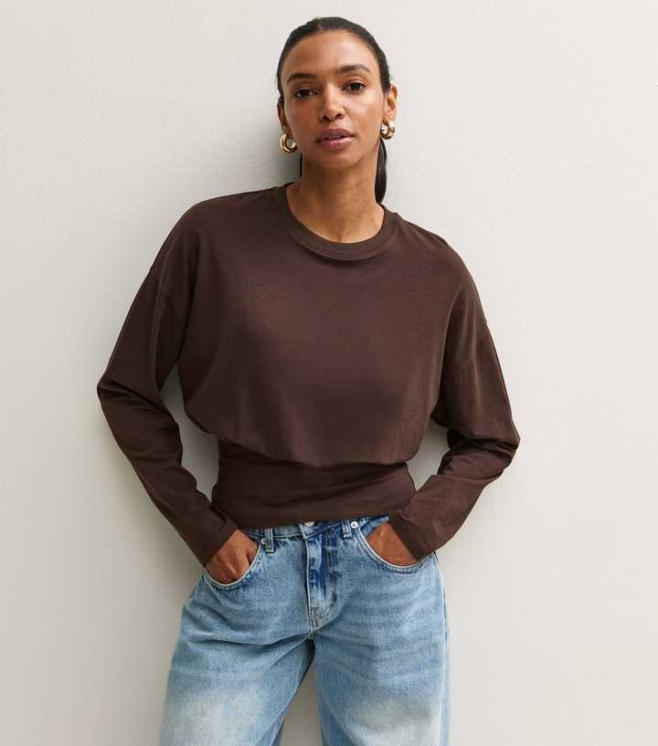Dark Brown Cotton Rich Long Sleeve Wide Waistband Top