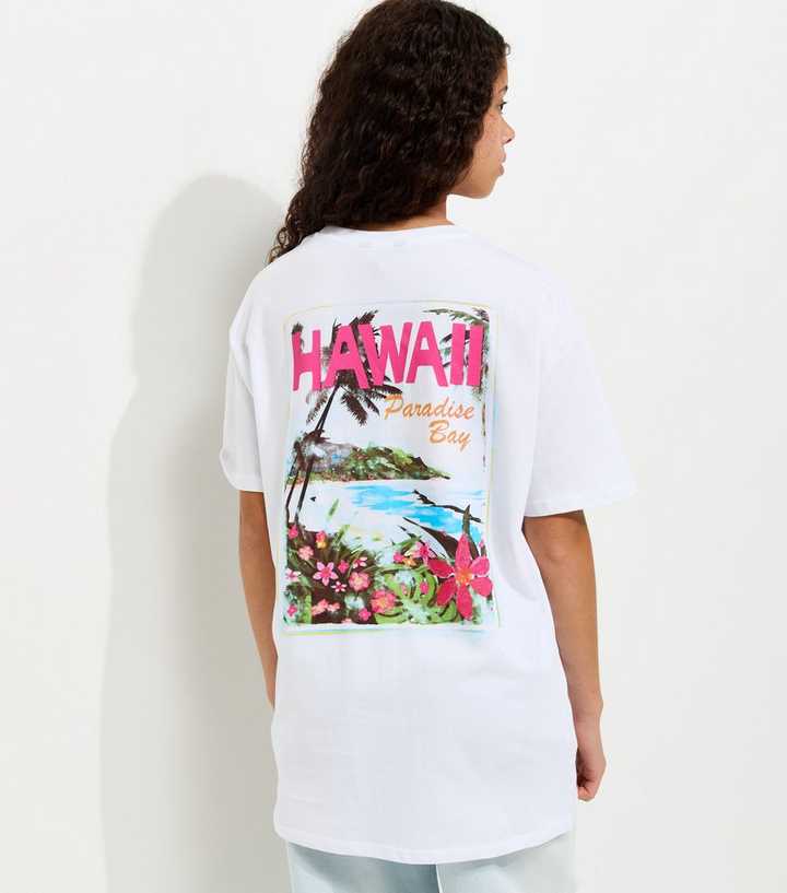 Girls White Cotton Longline Hawaii Print T-Shirt