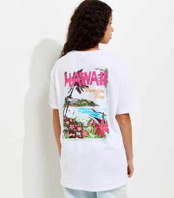 Girls White Cotton Longline Hawaii Print T-Shirt