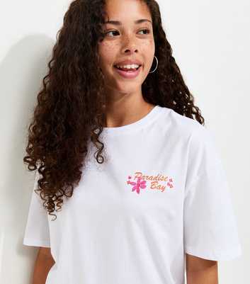 Girls White Cotton Longline Hawaii Print T-Shirt