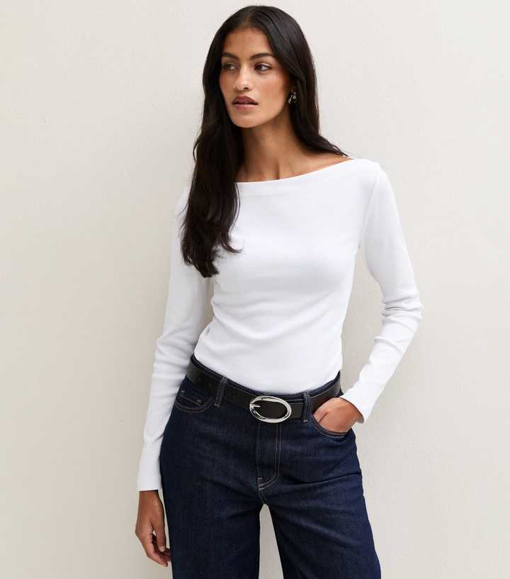 Petite White Cotton Rich Slash Neck Long Sleeve Top