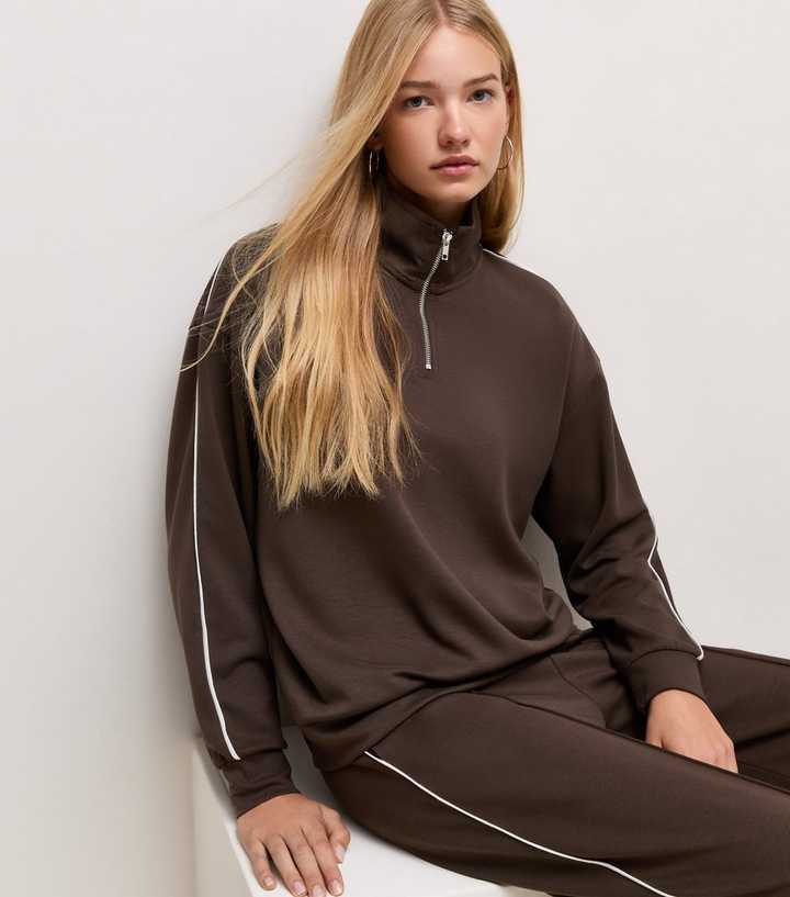 Premium Brown Side Piping Quarter Zip Sweatshirt