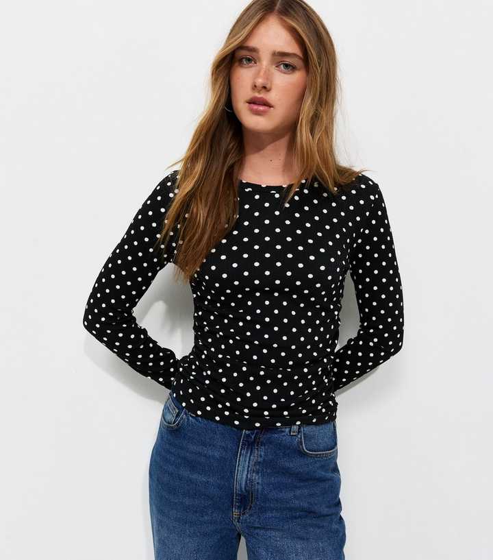Black Polka Dot Ruched Crinkle Long Sleeve Top