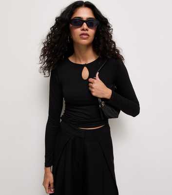 Black Button Keyhole Long Sleeve Top