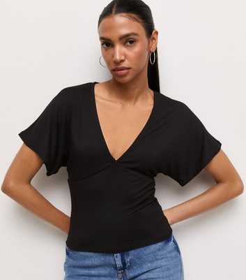 Black Jersey V Neck Flutter Sleeve Top