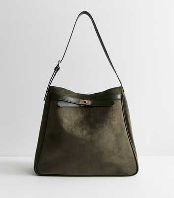 Dark Khaki Faux Suede Buckle Hobo Shoulder Bag