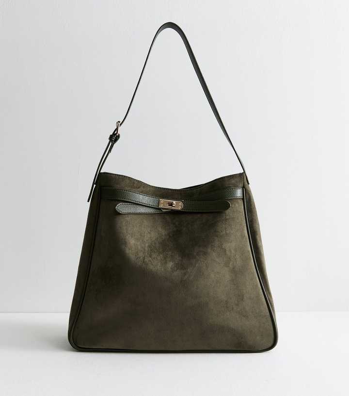 Dark Khaki Faux Suede Buckle Hobo Shoulder Bag