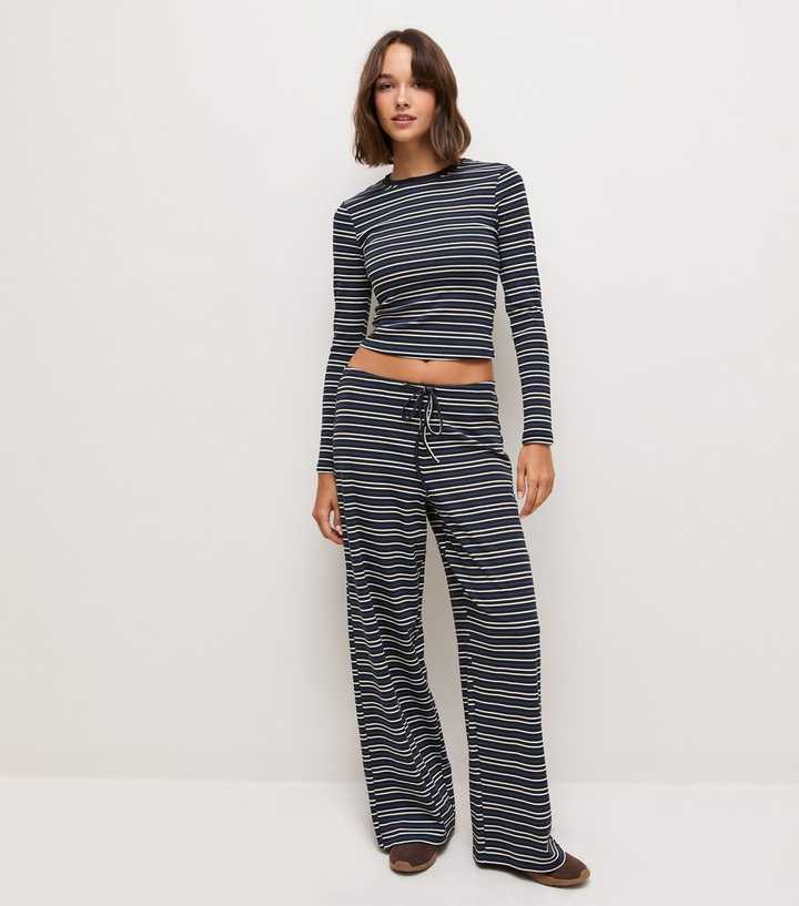 Navy Cotton Rich Stripe Wide Leg Trousers