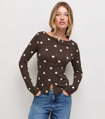 Brown Cotton Rich Polka Dot Button Through Long Sleeve Top
