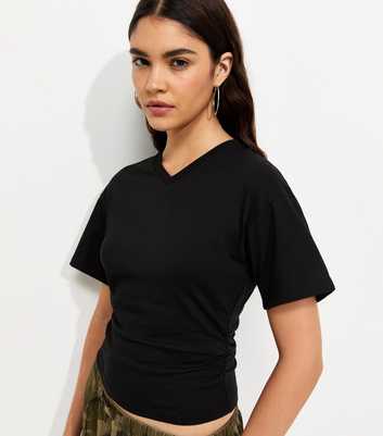 Black Cotton Ruched V Neck T-Shirt