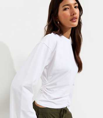 White Cotton Rich Wide Long Sleeve Corset Waist T-Shirt