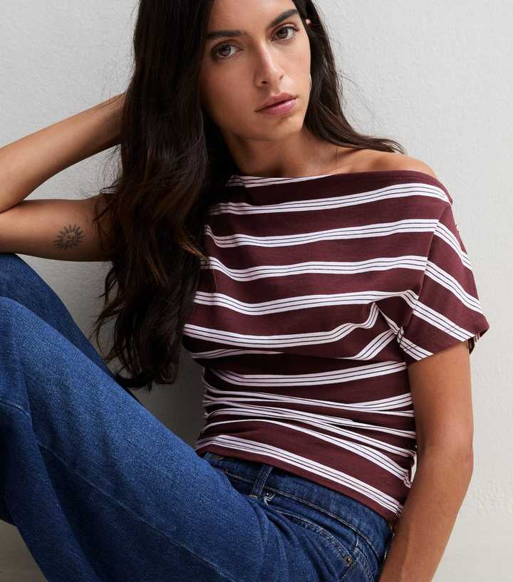Red Stripe Cotton Rich Off The Shoulder T-Shirt