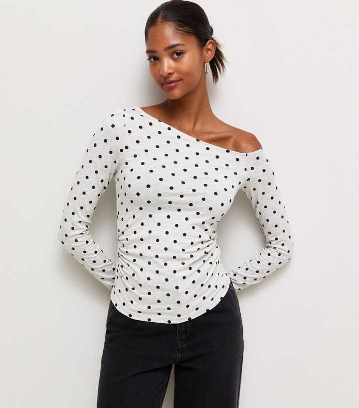 Grey Polka Dot Long Sleeve Off the Shoulder Top