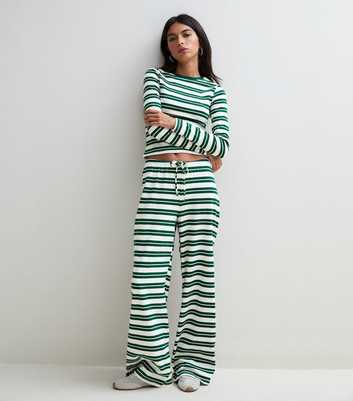 Green Cotton Rich Striped Wide Leg Trousers