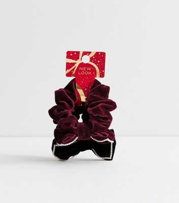 Pack of 2 Red Velvet Diamanté Bow Scrunchies