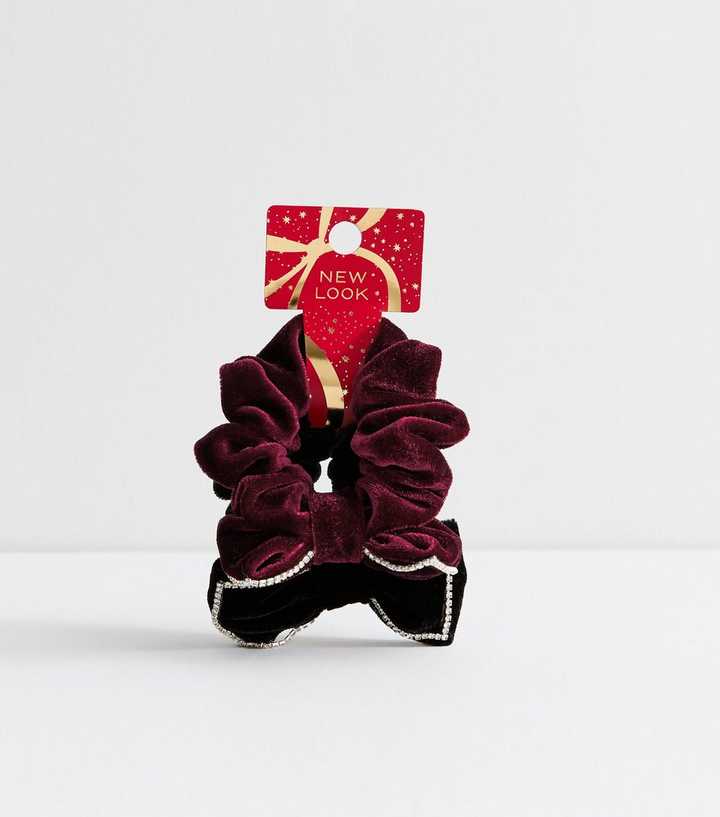 Pack of 2 Red Velvet Diamanté Bow Scrunchies