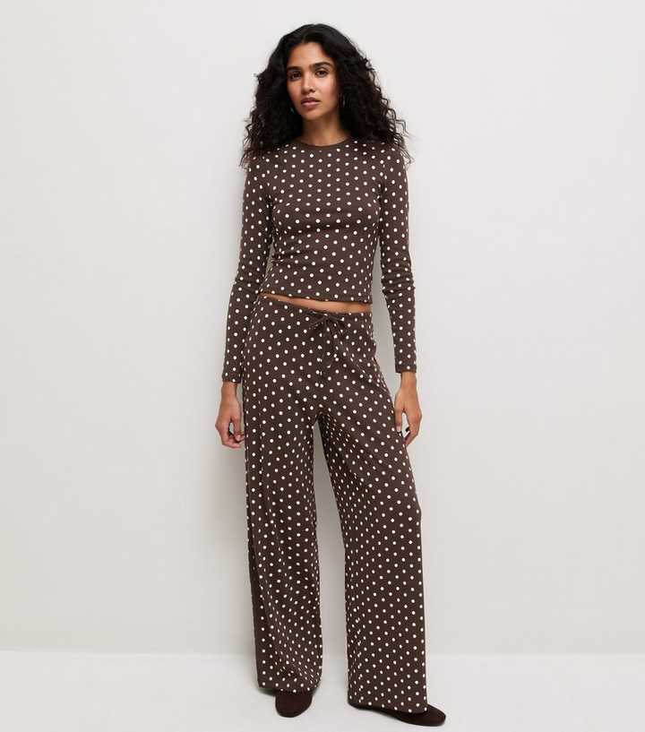 Brown Cotton Rich Polka Dot Wide Leg Trousers