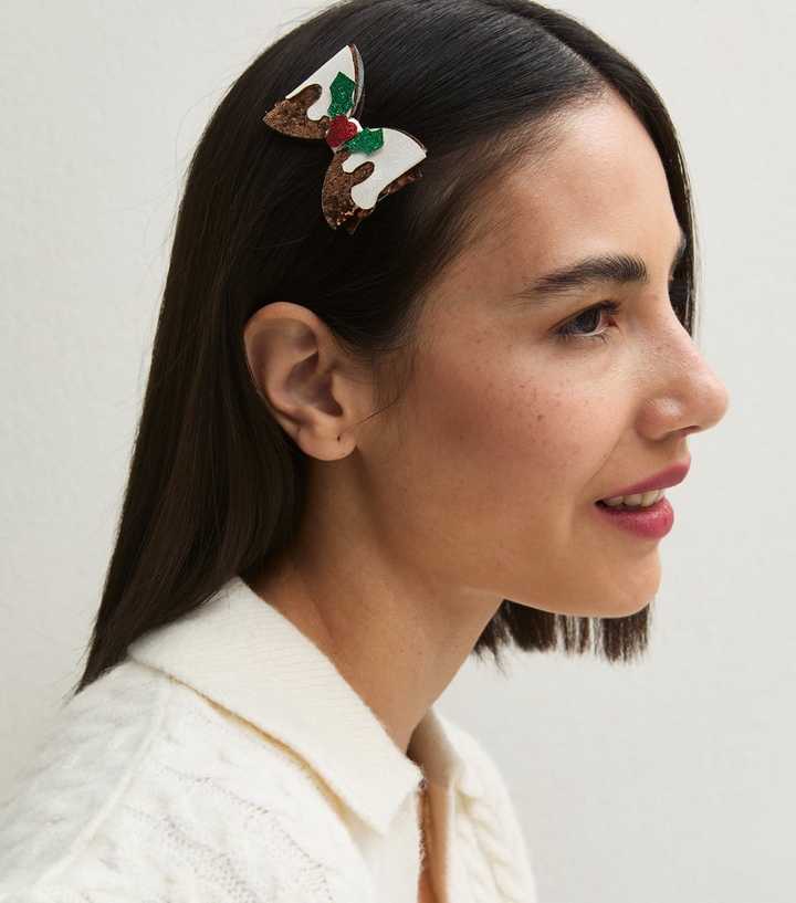 Brown Christmas Pudding Glittery Slide Hair Clip