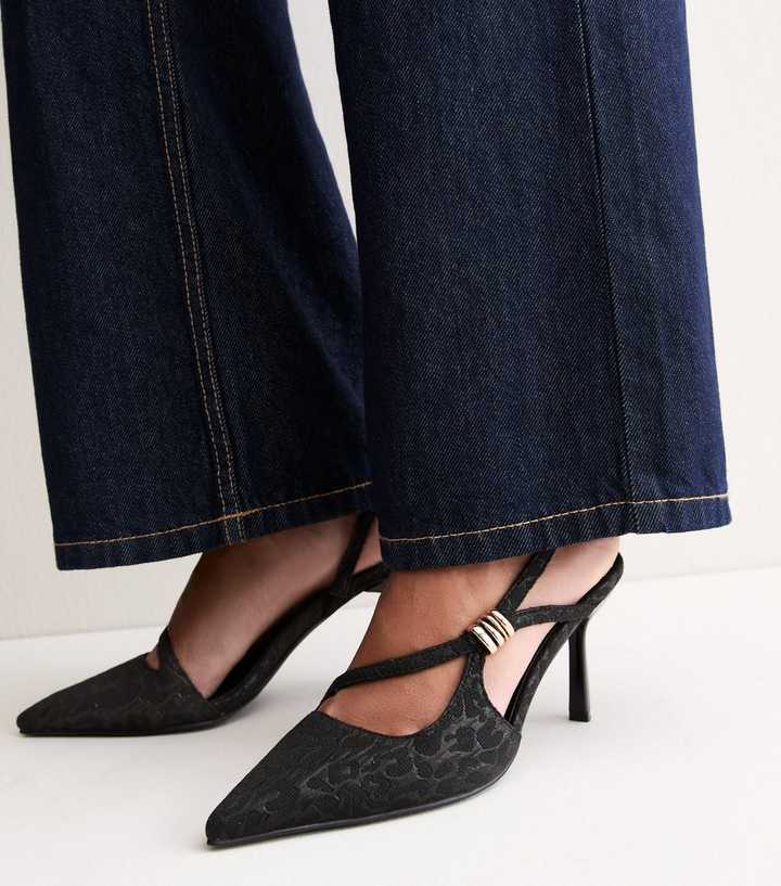 Black Woven Pointed Toe Slingback Pumps