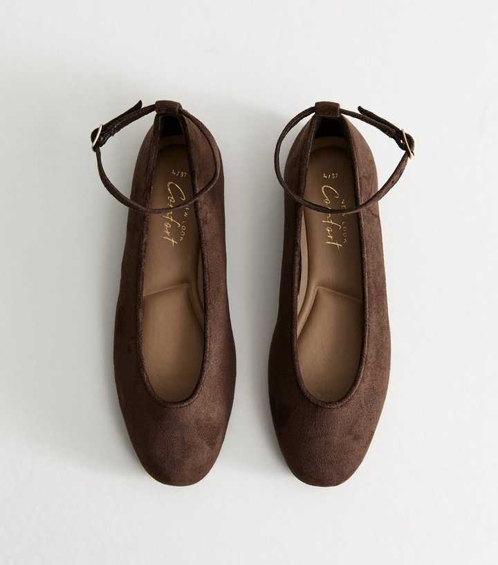 Dark Brown Faux Suede Ankle Strap Ballet Flats
