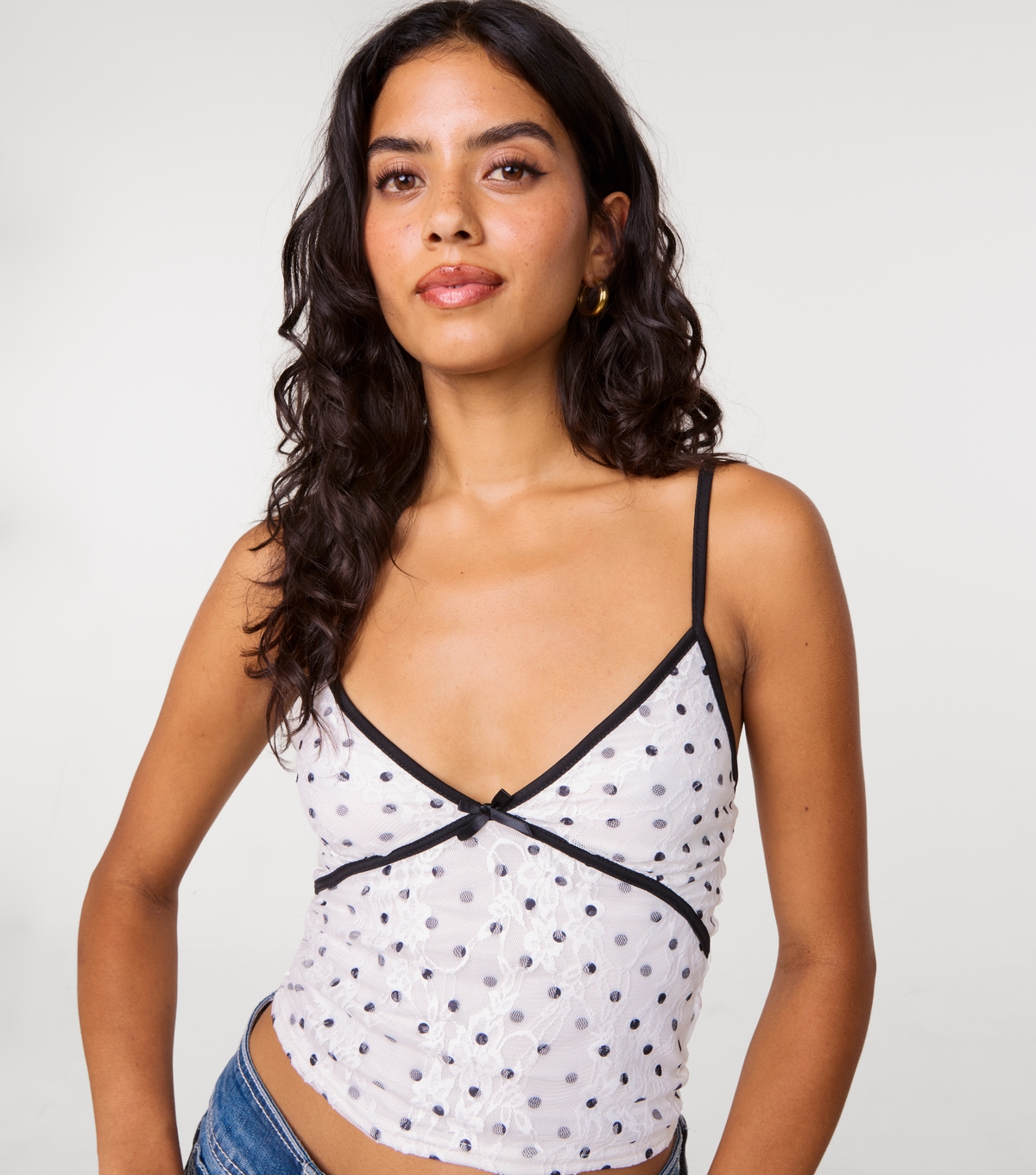 Pink Vanilla Women's Off White Polka Dot Lace Cami Top New Look