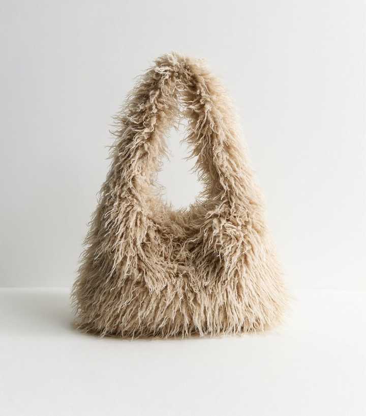 Oatmeal Fluffy Faux Fur Hobo Bag