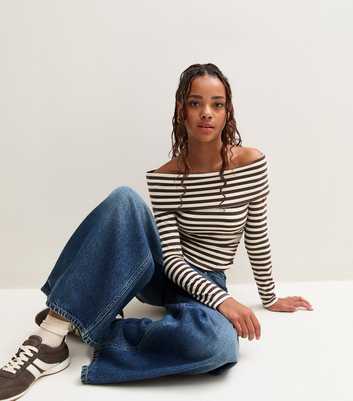 Girls Brown Cotton Rich Striped Bardot Long Sleeve Top