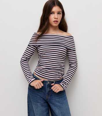 Girls Blue Cotton Rich Striped Bardot Long Sleeve Top