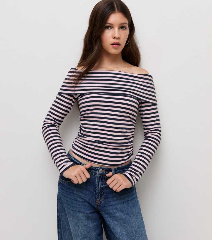 Girls Blue Cotton Rich Striped Bardot Long Sleeve Top