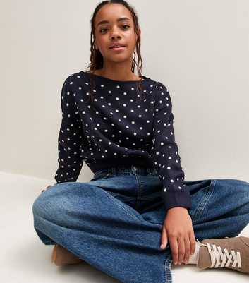 Girls Navy Knitted Spot Pattern Slash Neck Jumper
