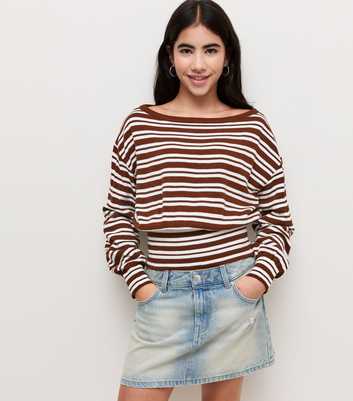 Girls Brown Cinched Waist Striped Slash Neck Jumper