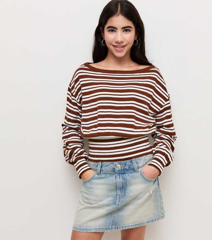 Girls Brown Cinched Waist Striped Slash Neck Jumper