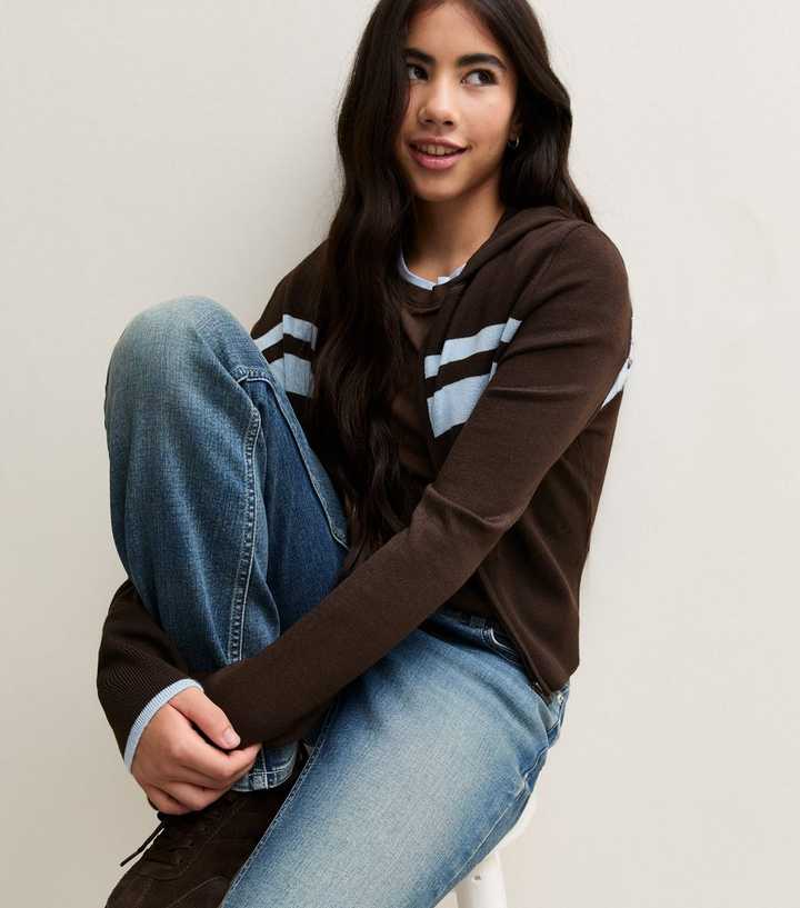 Girls Dark Brown Knitted Striped Zip Front Jumper