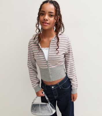 Girls Grey Stripe Zip Front Knitted Cropped Hoodie