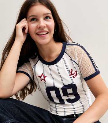 Girls White Striped 09 LA Star Print Mesh Sleeve Top