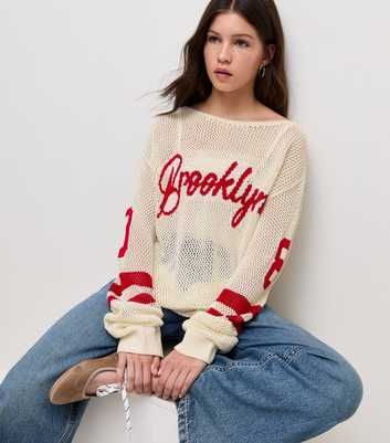 Girls White Brooklyn 08 Open Knit Slash Neck Jumper
