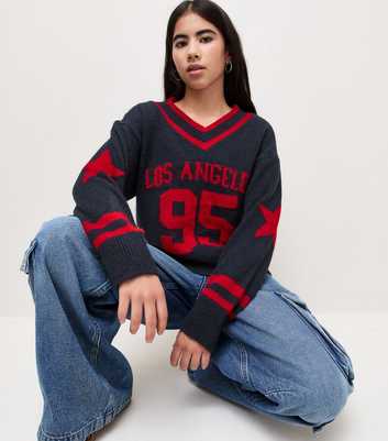 Girls Navy Knit Los Angeles V Neck Football Jumper