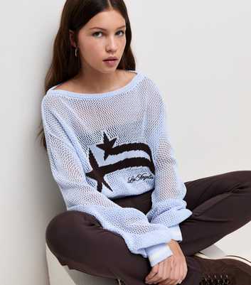 Girls Light Blue Angeles Star Motif Open Knit Cinched Waist Jumper