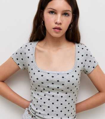 Girls Grey Cotton Rich Spot Print Square Neck T-Shirt