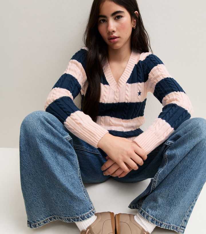 Girls Navy Stripe Cable Knit V Neck Jumper