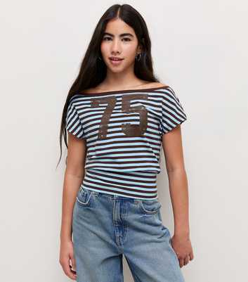 Girls Blue Cotton Rich Striped Cinched Waist Slash Neck Top
