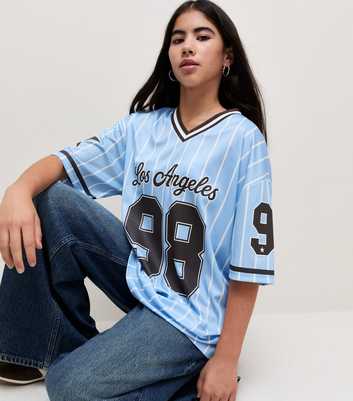 Girls Light Blue Striped V Neck Los Angeles Longline Football Top