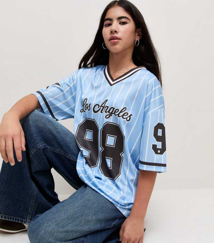 Girls Light Blue Striped V Neck Los Angeles Longline Football Top