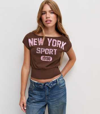 Girls Dark Brown Cotton Rich New York 1998 Cinched Waist Slash Neck Top