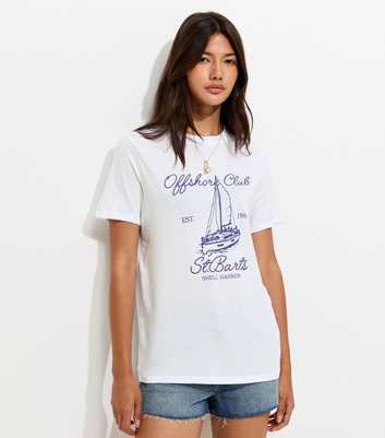 White Cotton Sailing Boat Print Relaxed T-Shirt