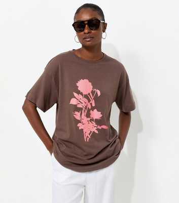 Dark Brown Cotton Floral Oversized T-Shirt