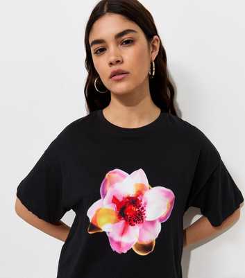 Black Cotton Neon Flower Oversized T-Shirt
