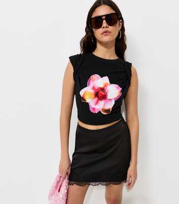 Black Cotton Neon Flower Oversized T-Shirt