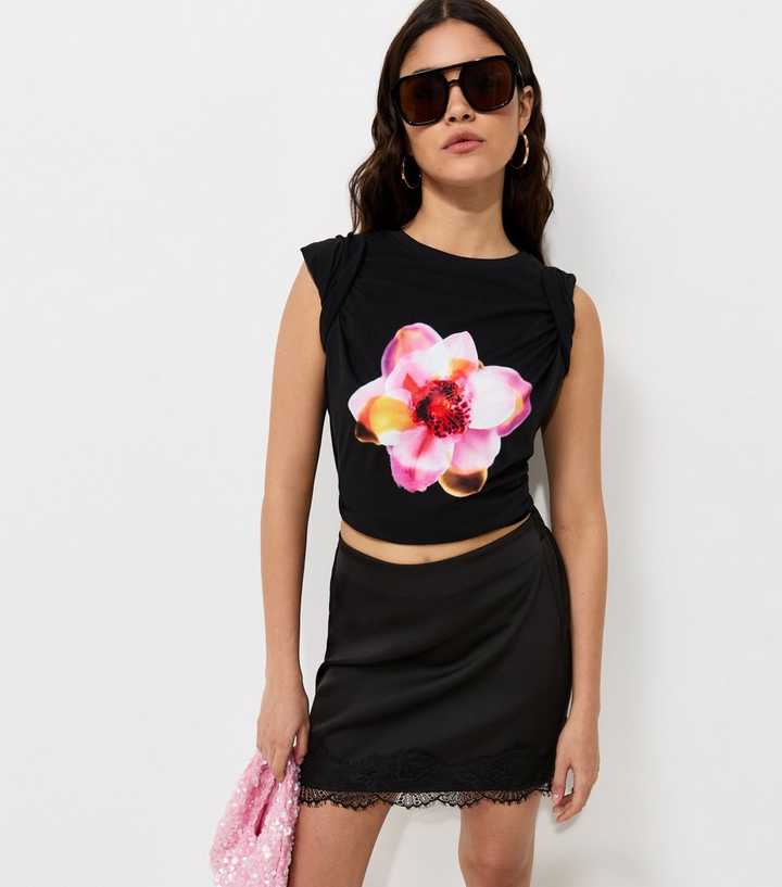 Black Cotton Neon Flower Oversized T-Shirt